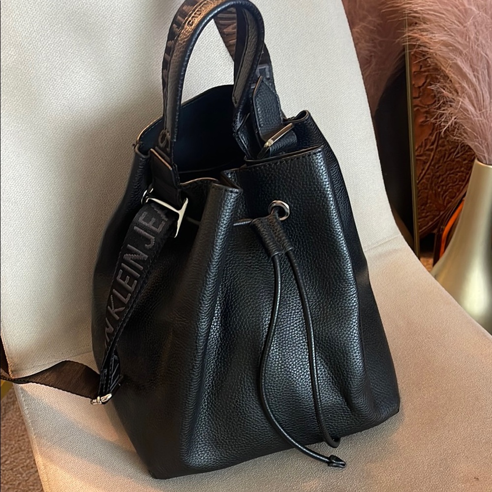 Calvin Klein Black Pebbled Leather Drawstring Shoulder Bag